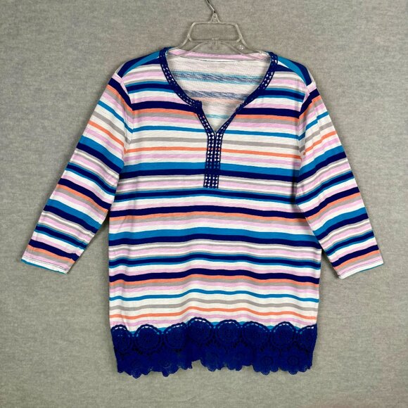 Lands End Women's L 14-16 Tunic Top Crochet Lace Trim Multi Stripe 3/4 Sleeve - Picture 2 of 12